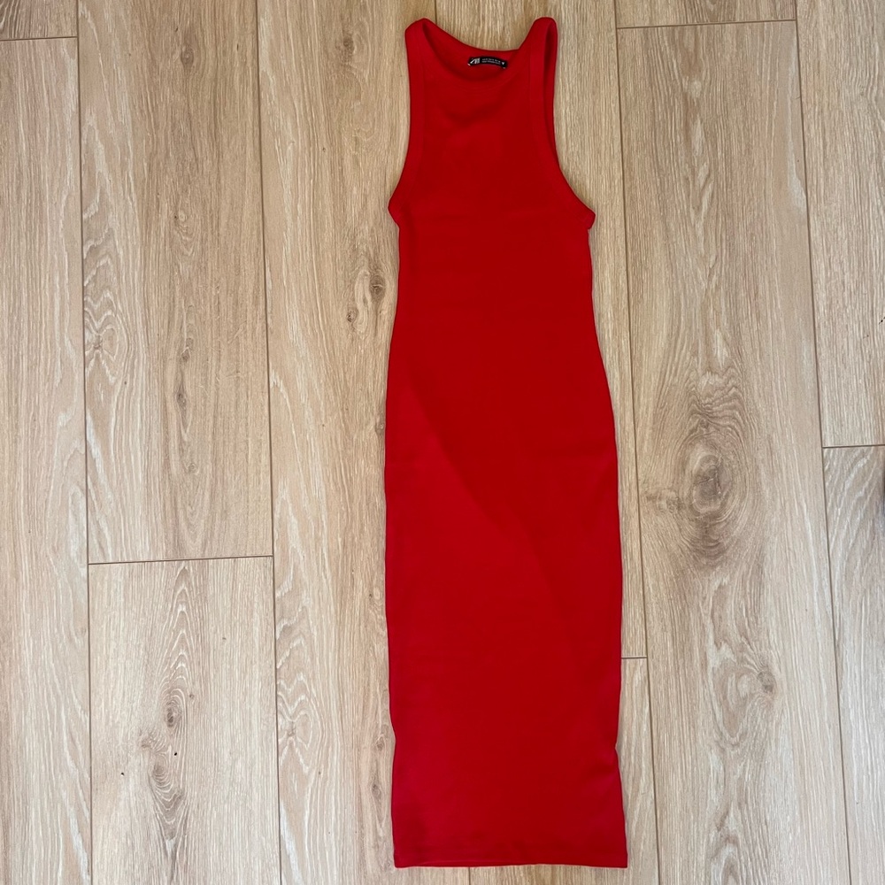 Zara Red Ribbed Tank Midi Dress (Size Small)